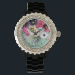 WHITE PINK FUCHSIA ROSES,ANEMONE FLOWERS MONOGRAM WATCH<br><div class="desc">Elegant floral watch, white pink white roses and purple blue anemones on teal background with printed pink gemstones.</div>