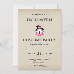 White Pink Ghost Witches Hat Vintage Halloween Invitation