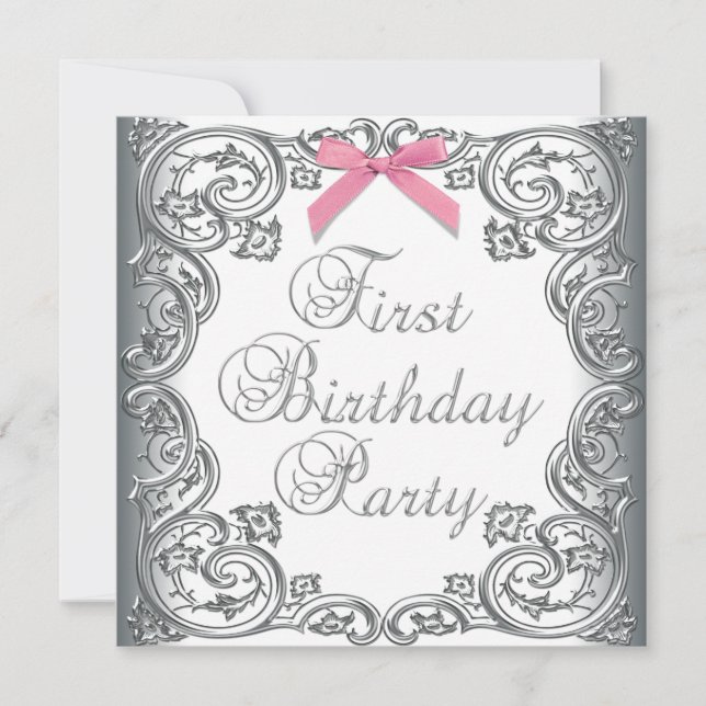 White Pink Girls 1st Birthday Party Invitation (Front)