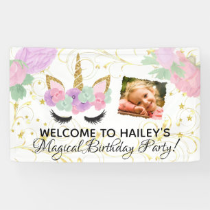 White/Pink Girls Photo Unicorn Birthday Party Banner