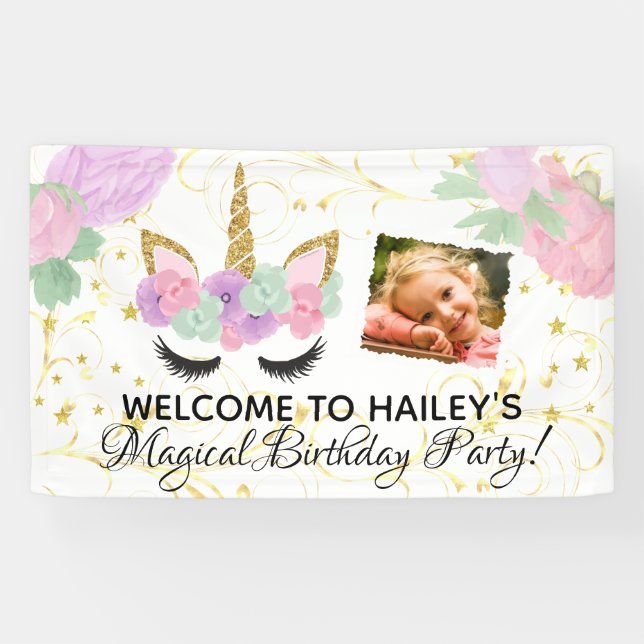 White/Pink Girls Photo Unicorn Birthday Party Banner (Horizontal)