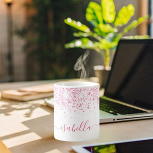 White pink glitter dust metal name script coffee mug