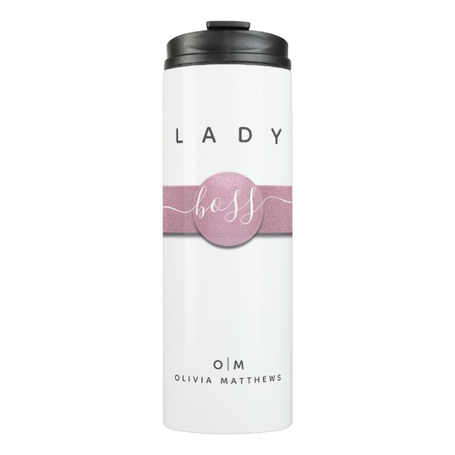 White Pink Glitter Girly Monogram Lady Boss Script Thermal Tumbler (Front)