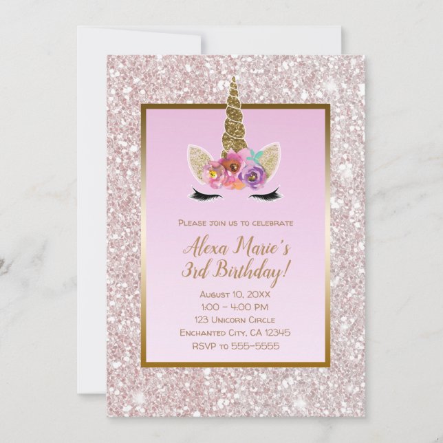 White Pink Glitter Gold Unicorn Birthday Party Invitation (Front)