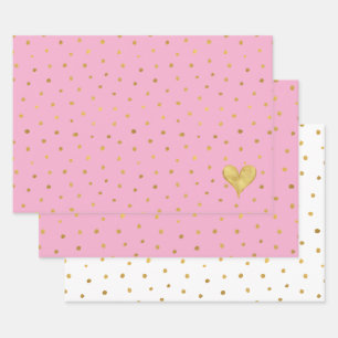 White Pink Gold Dots Heart Birthday Wrapping Paper Sheet