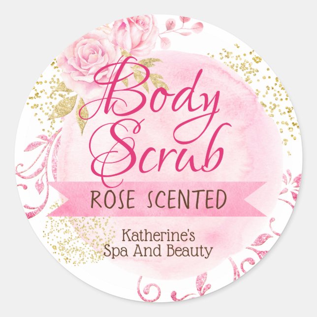 White Pink Gold Flowers Rose Body Scrub Labels (Front)