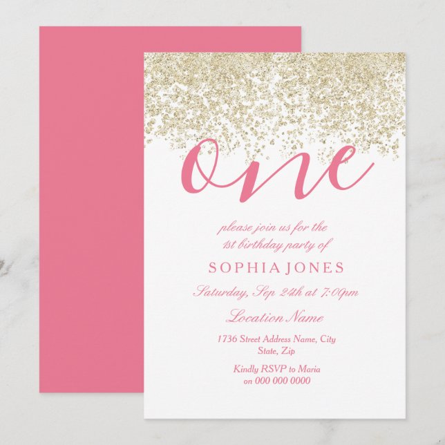 White Pink Gold Glitter 1st birthday party Invite (Front/Back)