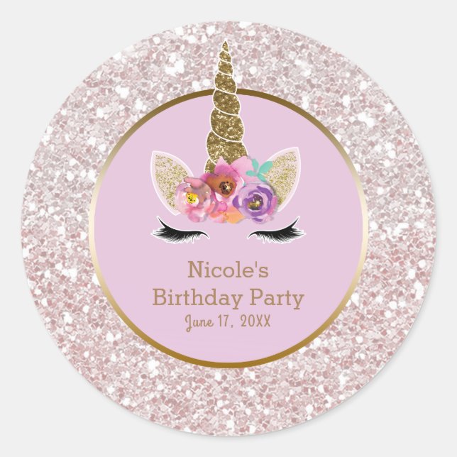 White Pink Gold Glitter Glam Unicorn Party Favour Classic Round Sticker (Front)