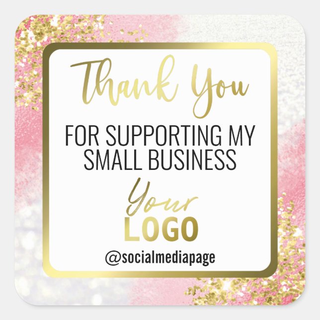 White Pink Gold Glitter Thank You Business Logo Square Sticker (Front)