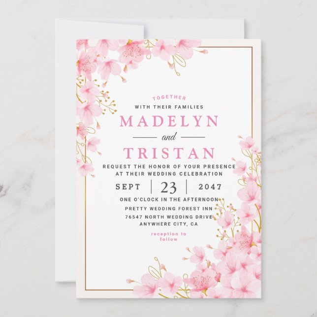White Pink Gold Modern Floral Minimalist Wedding Invitation (Front)