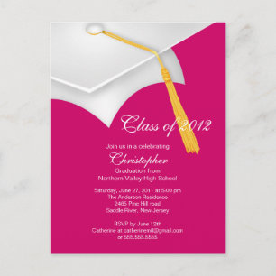 White Pink Grad Cap Graduation Party Invitation Postcard