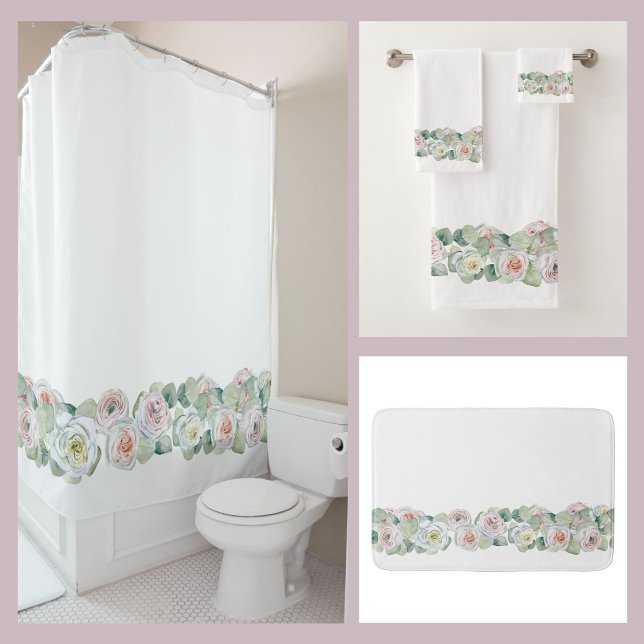 White pink green delicate watercolor roses leaves bath mat (Creator Uploaded)