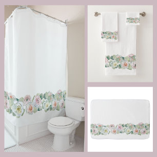White pink green delicate watercolor roses leaves shower curtain