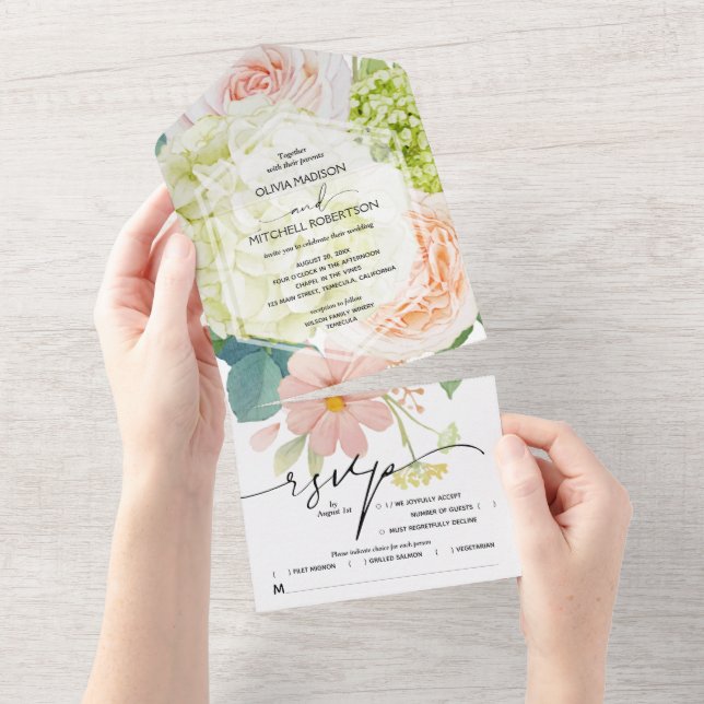 White Pink Green Floral Wedding All In One Invitation (Tearaway)