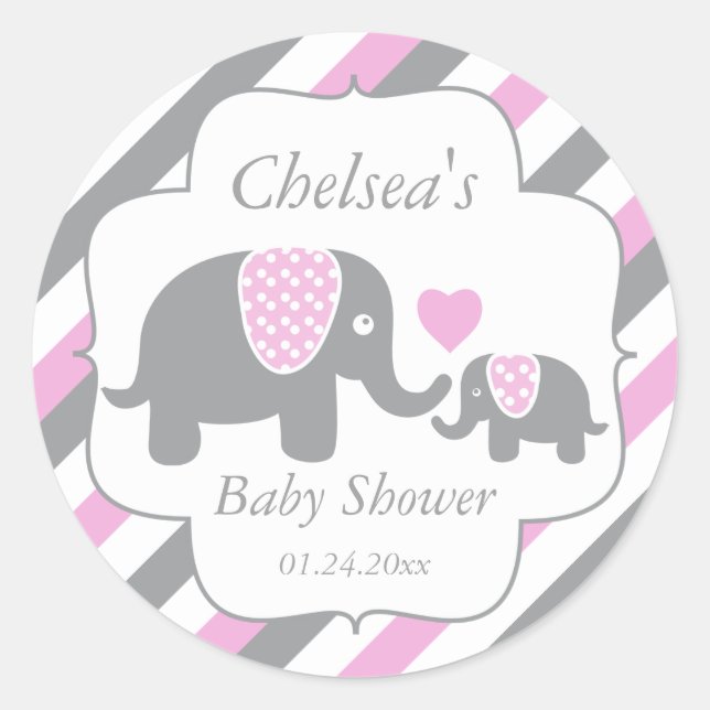 White, Pink & Grey Stripe Elephants Baby Shower Classic Round Sticker (Front)