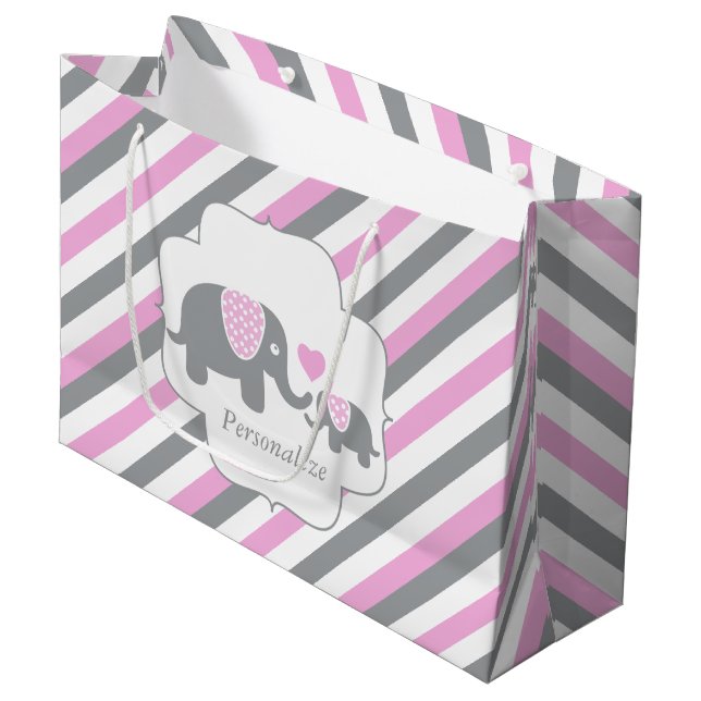 White, Pink & Grey Stripe Elephants Baby Shower Large Gift Bag (Front Angled)