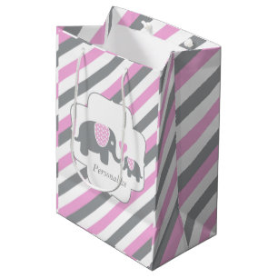 White, Pink & Grey Stripe Elephants Baby Shower Medium Gift Bag