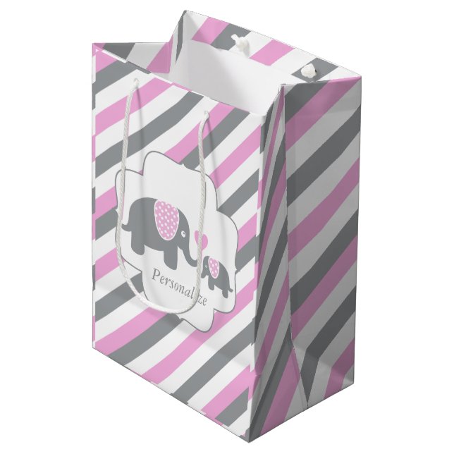 White, Pink & Grey Stripe Elephants Baby Shower Medium Gift Bag (Front Angled)