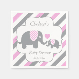 White, Pink & Grey Stripe Elephants Baby Shower Napkin