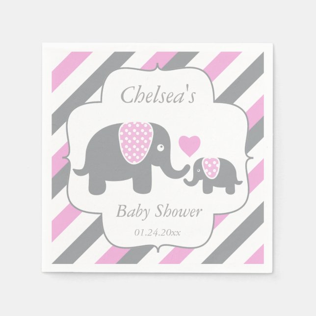 White, Pink & Grey Stripe Elephants Baby Shower Napkin (Front)