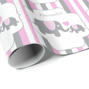White, Pink & Grey Stripe Elephants Baby Shower Wrapping Paper
