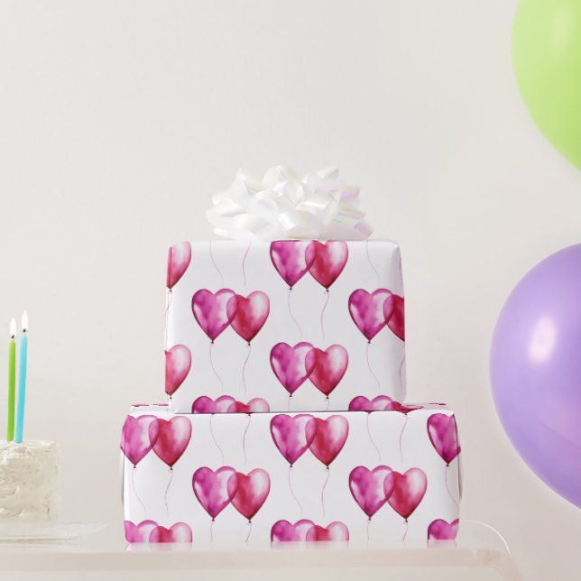 White Pink Heart Balloons Birthday Wrapping Paper (Party Gifts)