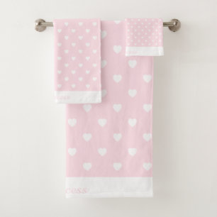 WHITE PINK HEART  BATHROOM TOWEL SET