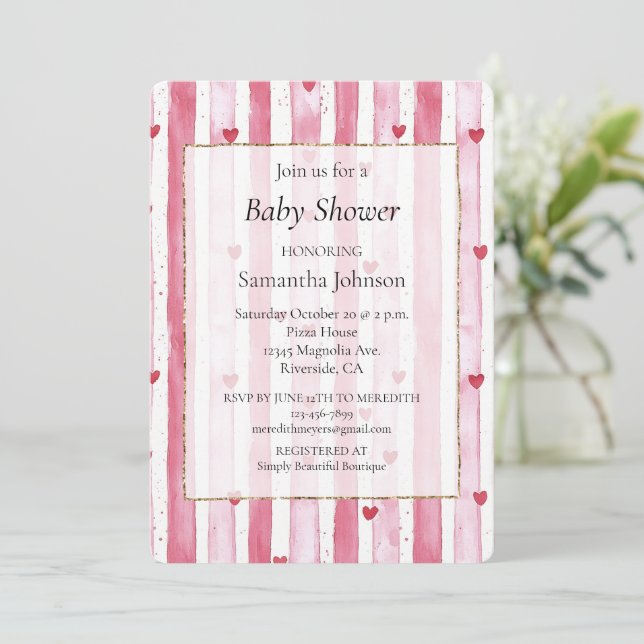 White Pink Heart Stripes Baby Shower Invitation (Standing Front)
