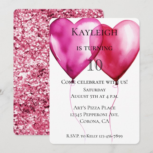 White Pink Hearts Balloons Birthday Invitation (Front/Back)