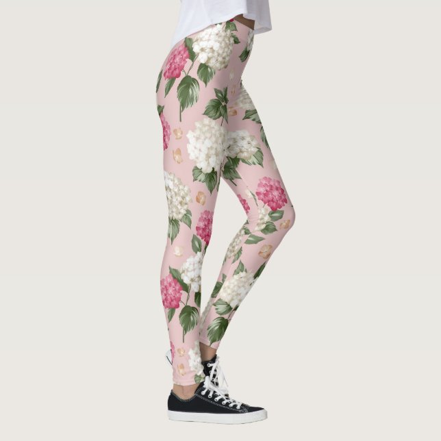 White pink Hydrangea floral seamless pattern Leggings (Right)