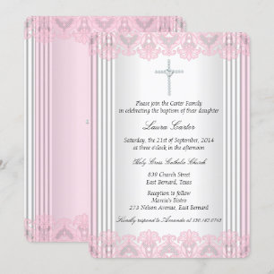 White Pink Lace Cross Baptism Christening Invitation