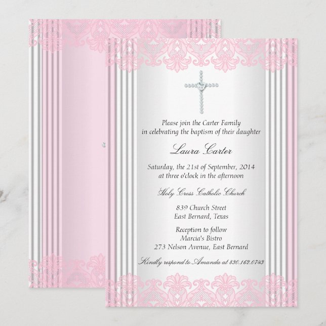 White Pink Lace Cross Baptism Christening Invitation (Front/Back)
