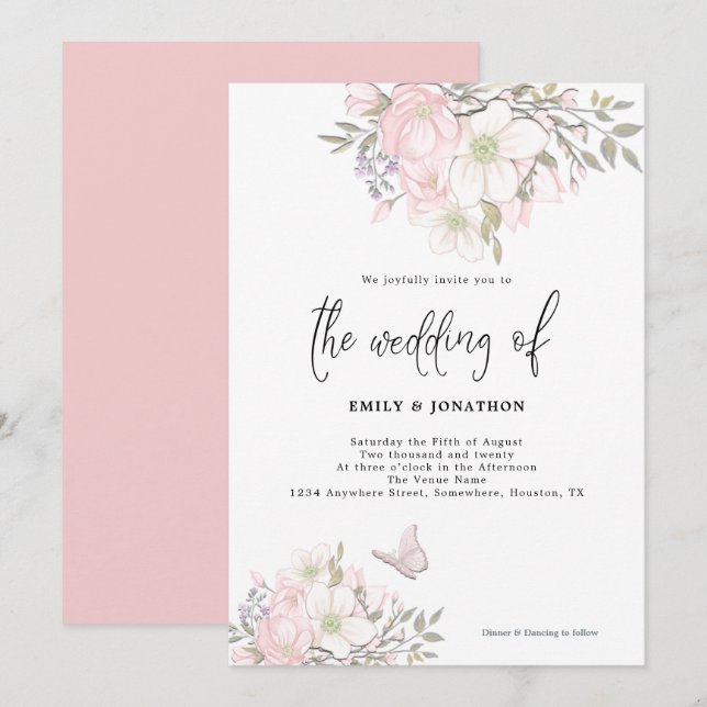 White Pink Magnolia Butterfly Script Wedding Invitation (Front/Back)