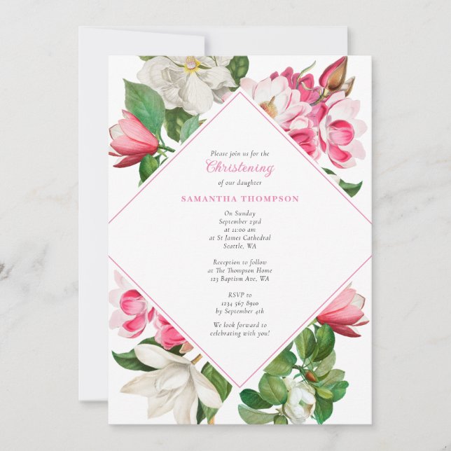 White Pink Magnolia Flowers Baptism Christening Invitation (Front)