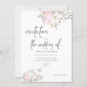 White Pink Magnolias Butterfly Script Wedding Invitation
