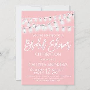 White Pink Mason Jar String Lights Bridal Shower Invitation