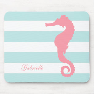 White Pink Mint Stripes Seahorse Mouse Mat