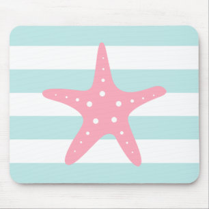 White Pink Mint Stripes Starfish Mouse Mat