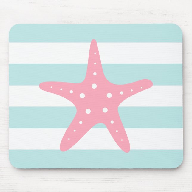 White Pink Mint Stripes Starfish Mouse Mat (Front)