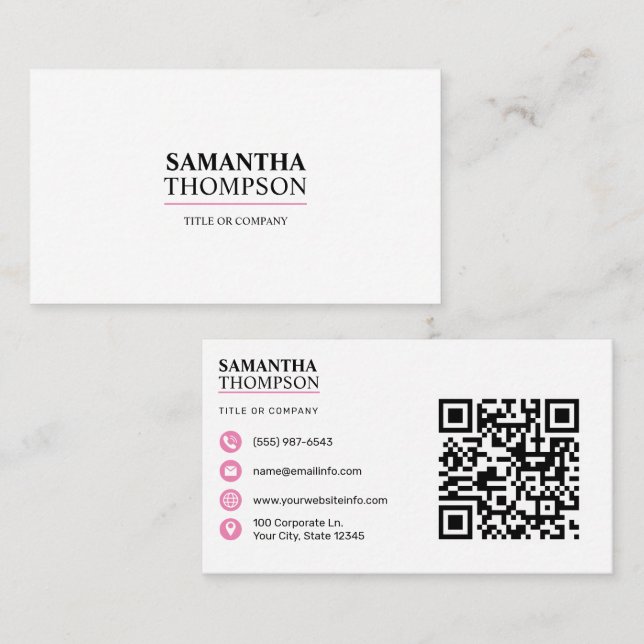 White Pink Modern Minimalist Professional QR Code Business Card (Front/Back)