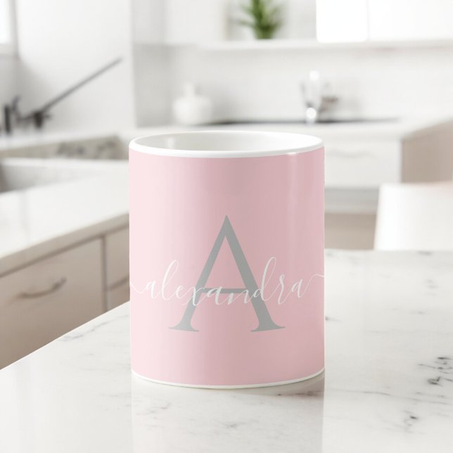 White Pink Name Initial Monogram Elegant Script Coffee Mug (Creator Uploaded)