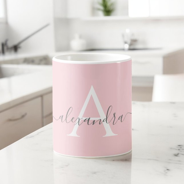 White Pink Name Initial Monogram Elegant Script Coffee Mug (Creator Uploaded)