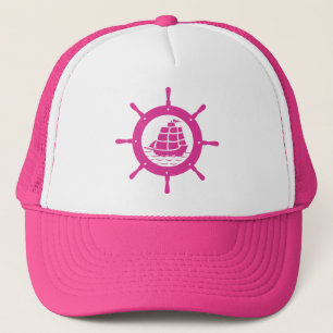 White & Pink Nautical Boat Wheel Trucker Hat