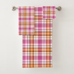 White Pink Orange Plaid Tartan Design Bath Towel Set