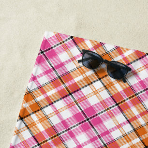 White Pink Orange Plaid Tartan Design Beach Towel