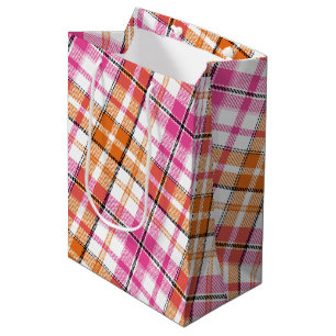White Pink Orange Plaid Tartan Design  Medium Gift Bag
