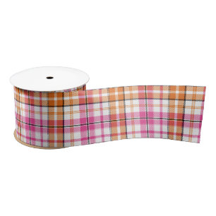 White Pink Orange Plaid Tartan Design Satin Ribbon