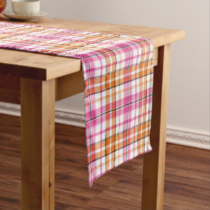 White Pink Orange Plaid Tartan Design  Short Table Runner