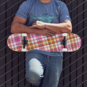 White Pink Orange Plaid Tartan Design  Skateboard