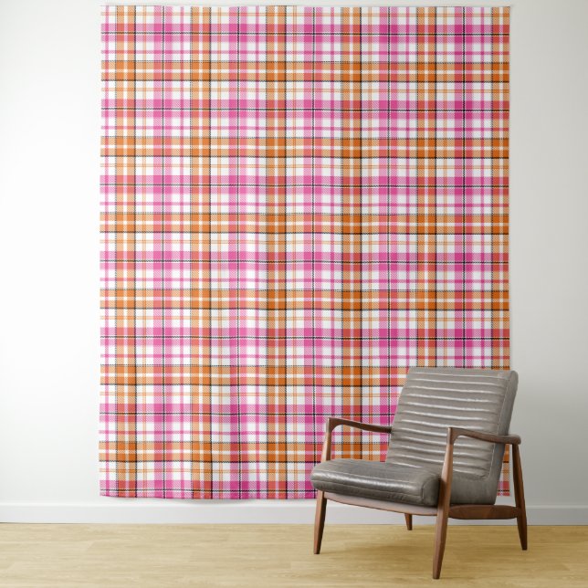 White Pink Orange Plaid Tartan Design  Tapestry (In Situ)